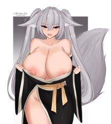 original, krass_kr, black_kimono, blush, breasts