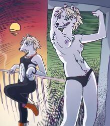 abdominal_scar, anthro, arctic_fox, armpit_hair, bikini