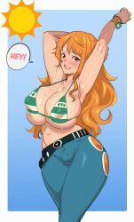 nami_(one_piece), one_piece, kukumomo, 1girl, arm_behind_head