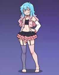 1boy, blue_hair, choker, crop_top, crossdressing