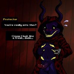 trashbadger, balls, blush, clothing, demon
