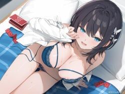 original, nijihashi_sora, 1girls, bed, black_hair