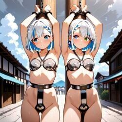 benmccannon_(artist), 2girls, arms_above_head, bound_to_pole, chastity_belt