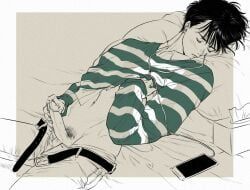 eiji_okumura, banana_fish, 1boy, bed_sheet, belt