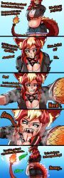 mythology, belly, blue_background, breasts, dialogue