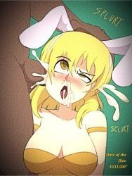 1boy, 1girls, ahegao, blonde_hair, brain_damage