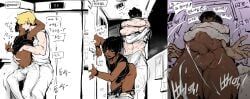 behind_another, black_body, black_hair, blonde_hair, brutal