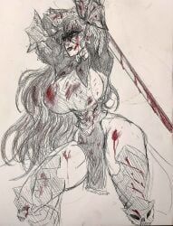 executioner_maid_(centurii-chan), big_breasts, black_and_white, blood_on_face, female