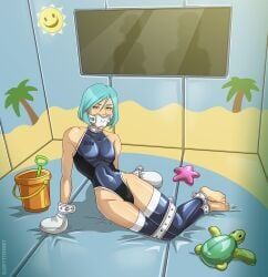 original_character, sleepystephbot, blue_hair, bondage, bondage_gear