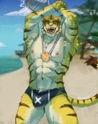 torahiko_ooshima, morenatsu, abs, anthro, arms_above_head