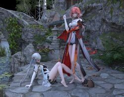 wuthering_waves, princessahri420, 1boy, 2girls, barefoot
