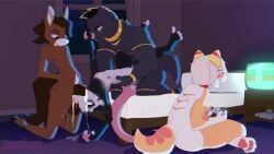 cupofuwu, 1girls, 3boys, bed, bedroom