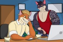 anthro, arm_tattoo, balls, beverage, biceps
