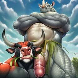 2boys, anthro, arms_crossed, bara, black_fur