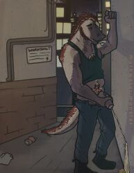 1boy, alley, anthro, bodily_fluids, boots