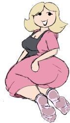 hairdresser_(pillar_chase_2), pillar_chase_2, black_apron, blonde_hair, bottomless
