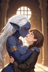 2girls, blue_skin, blushing, brown_hair, cathedral