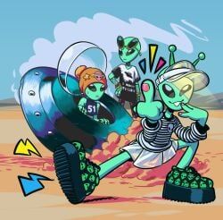 little_green_men, angusburgers, 3girls, alien, alien_girl