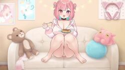 mirai-chan, no-good_streamer_mirai-chan!_(now_accepting_lewd_comments), barefoot, biting_fork, black_choker