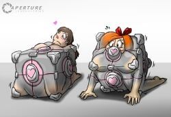 original_character, weighted_companion_cube, portal_(series), redflare500, 2girls