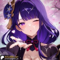raiden_shogun, genshin_impact, golden_jay, blowing_kiss, cleavage