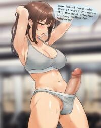 a-dam, 1futa, arms_behind_back, arms_up, brown_hair