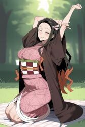 kamado_nezuko, kimetsu_no_yaiba, patreon, 1girls, arms_up