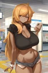 train_45, big_breasts, blonde_hair, clothed, dark_skin
