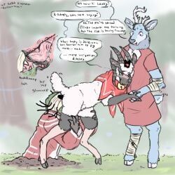 fan_character, lamb_(cult_of_the_lamb), leshy_(cult_of_the_lamb), red_crown_(cult_of_the_lamb), cult_of_the_lamb