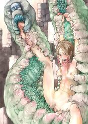 otoma_may, barefoot, blonde_hair, blush, bondage