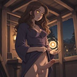 boobly, 1futa, brown_hair, dress, dress_lift