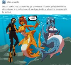 kukuruyo, 1boy, 2girls, aquatic, bandeau
