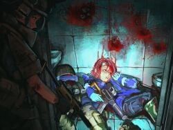 original, 4girls, bathroom, black_gloves, blood