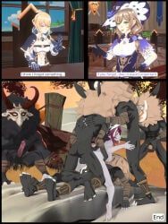 hilichurls_(species), jean_gunnhildr, lisa_(genshin_impact), mitachurl, rosaria_(genshin_impact)