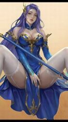 armlet, bare_shoulders, blue_dress, bracers, cleavage