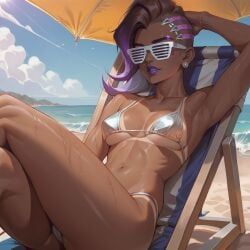 sombra, overwatch, 1girl, arm_up, beach