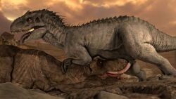 indominus_rex, rexy_(jurassic_park), dinosaurs, margevonn, 2_t-rex