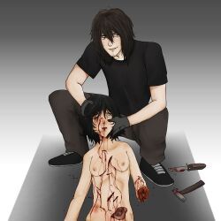 amputated_arm, amputee, beard, black_hair, blood