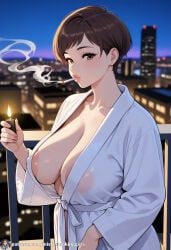 bathrobe, bathrobe_only, big_breasts, big_lips, chubby