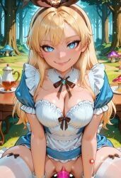 alice_in_wonderland, 1girl, adult_woman, apron, blonde_hair