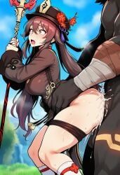 hu_tao_(genshin_impact), mitachurl, genshin_impact, bent_legs, big_breasts