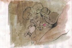 aroldo_bonzagni, 1boy, 3girls, assisted_fellatio, bondage