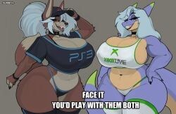 playstation, xbox_game_studios, duase, 2girls, bare_shoulders