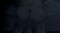 character_request, 1girl, arms_up, bare_breasts, bed