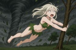 bare_legs, bare_midriff, barefoot, bikini, blonde_hair