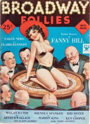 pulp_magazine, 1girl, 9boys, barely_clothed, barely_contained_breasts