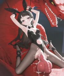 1boy1girl, black_hair, blush, bondage, breasts