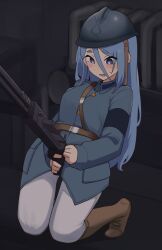daebom, blush, french_machine_gun, french_soldier_uniform, light-blue_hair