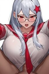 loji, big_breasts, blush, glasses, red_eyes