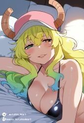 lucoa, quetzalcoatl_(maidragon), 1girl, baseball_cap, bed